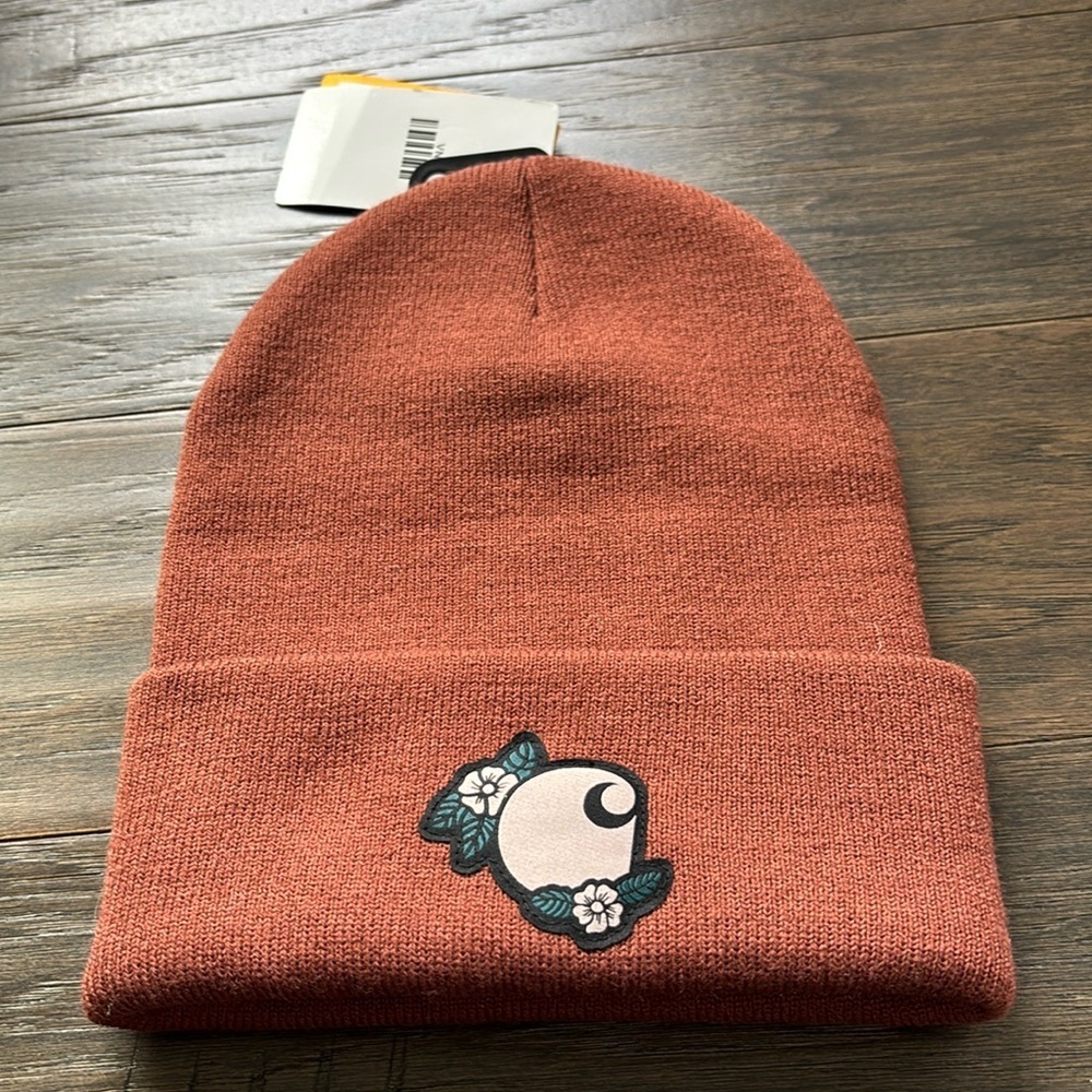Carhartt Knit Cuffed Beanie, Floral patch logo.Sable - OSFM